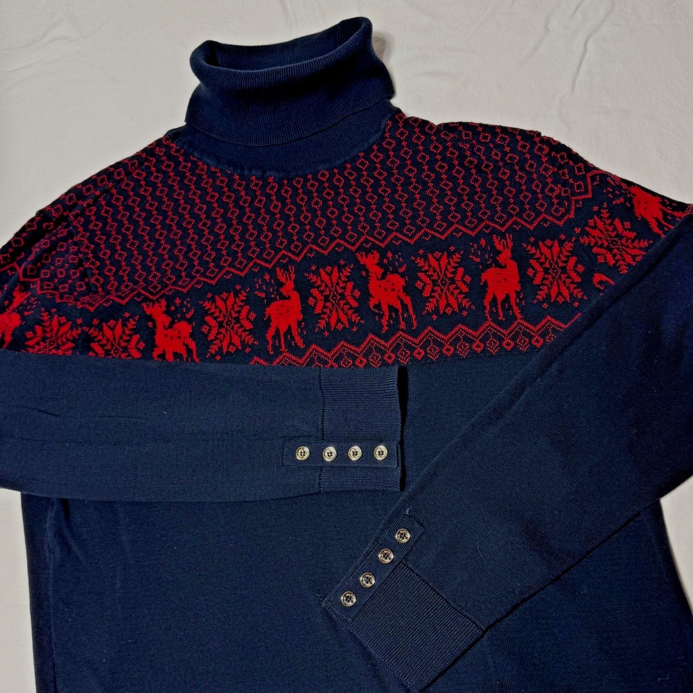 Tommy Hilfiger‎ Navy Blue Turtleneck Sweater Snowflakes Reindeer Men's Large